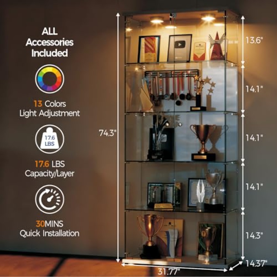 خزانة عرض بخمسة رفوف مع إضاءة  - مراجعة Glass Cabinet Display وسعره