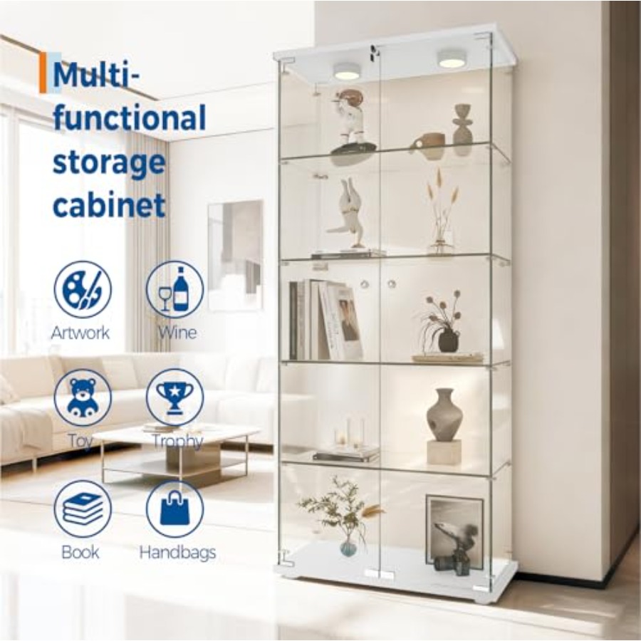 خزانة عرض بخمسة رفوف مع إضاءة  - مراجعة Glass Cabinet Display وسعره